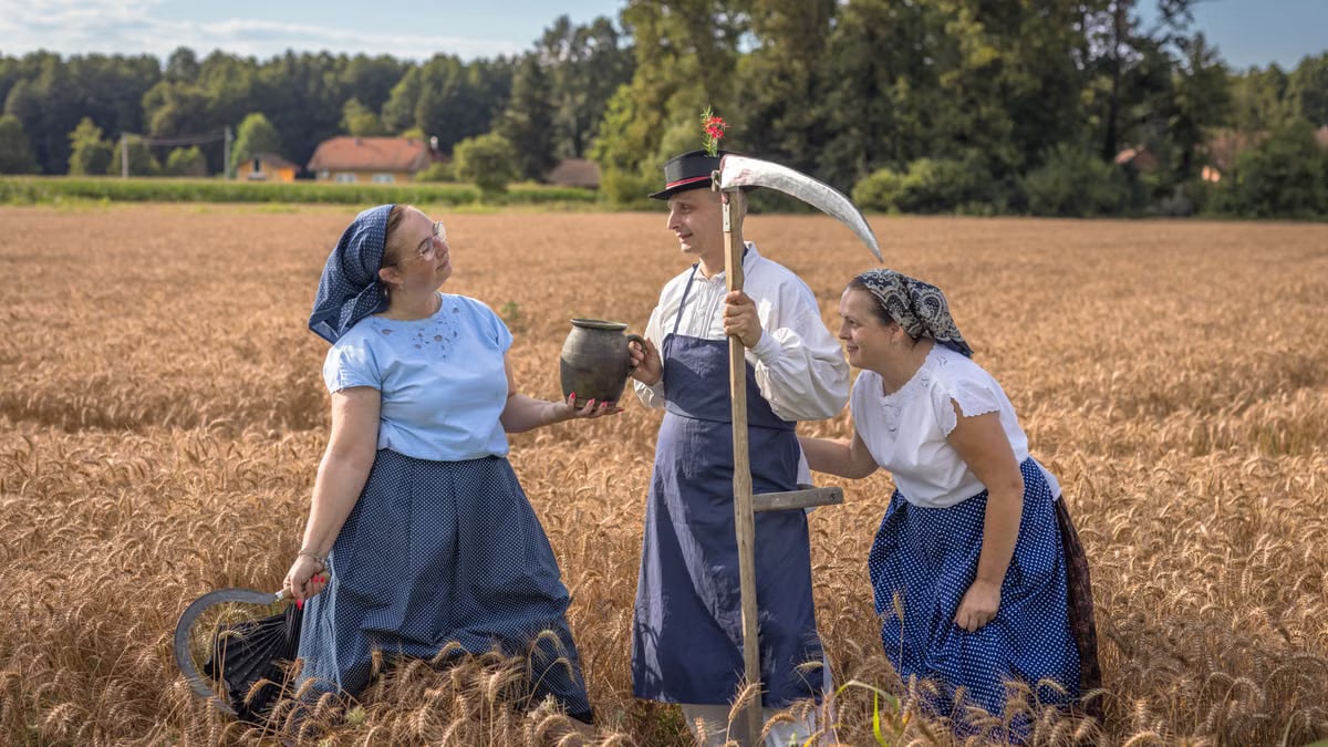 Three adults in vintage attire celebrate a traditional harvest in a wheat field under a bright sky.